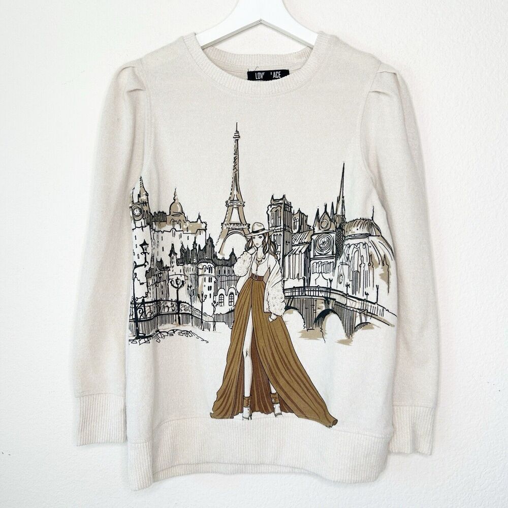 Cream Crewneck Sweater with Paris Illustration